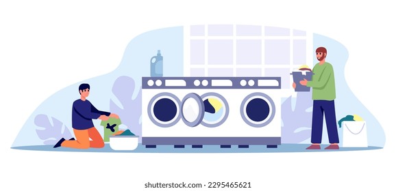 Cartoon characters of two young men engaged in doing laundry. Process of loading washing machine. Concept of home appliances, housekeeping and chores. Vector