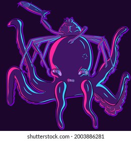 Cartoon characters under UV lights. Angry crab riding an octopus with a baracuda as a sword and being ready for battle. Ocean life and marine creatures conceptual art with neon color palette,