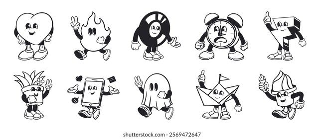 Cartoon characters with unique designs: heart, flame, clock, ghost, and more. Fun, playful, and diverse cartoon characters in black and white. Character element vector set.