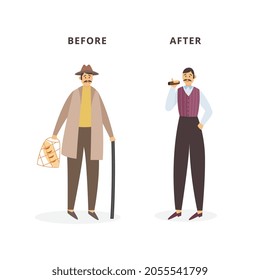 Cartoon characters of unlucky sad poor and happy successful rich man. Class and monetary inequality in human society. Flat vector illustration isolated on a white background.