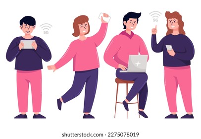 Cartoon characters using mobile wireless technology for faster connectivity with tablet, smartphones and laptop vector illustration. 5G wireless network technology concept.