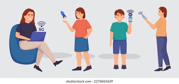 Cartoon characters using mobile wireless technology for faster connectivity with laptop and smartphones vector illustration. 5G wireless network technology concept.