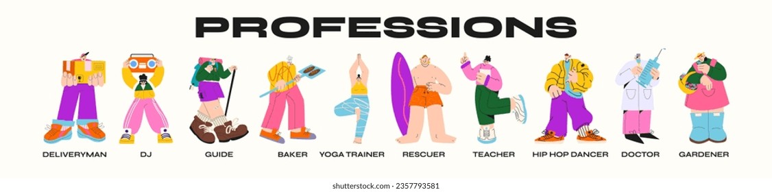 Cartoon characters of various professions, various fields of activity. International labor day, people go to work vector illustration set