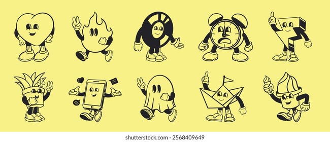 Cartoon characters in various shapes: heart, flame, clock, mouse, letter, pineapple, book, ghost, boat, and building. Playful, fun, and whimsical designs. Cute element vector set.