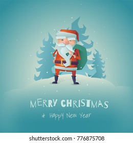 Cartoon characters vector illustration with stylized Santa Claus with a bag of gifts on a hill in a snowy forest.