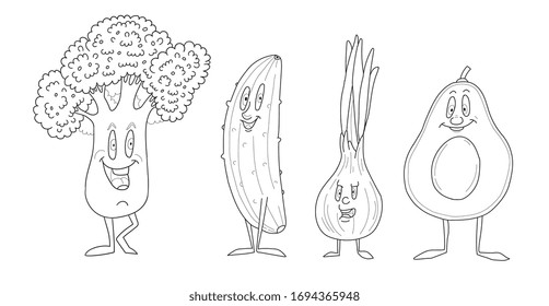 Cartoon Gemüse Collection. Farbseiten zum Färben von Büchern und T-Shirt-Druck. Vektorillustration.