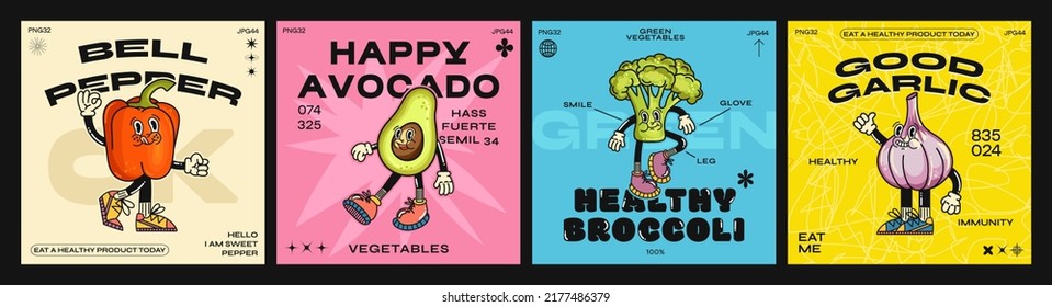 Cartoon characters of vegetables in retro poster style, funny colorful characters in doodle style, avocado, garlic, broccoli, bell pepper. Vector illustration with typography elements