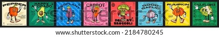 Cartoon characters of vegetables in retro poster style, funny colorful doodle style characters, avocado, garlic, broccoli, bell pepper, eggplant, pumpkin, broccoli, carrot, cauliflower. Vector