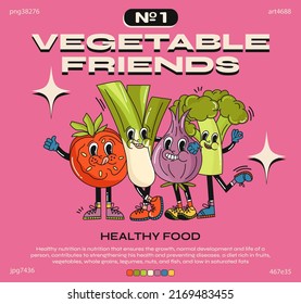 Cartoon characters vegetables in retro style, funny colorful characters in doodle style tomato, leek, red onion, broccoli.Vector illustration with typography elements