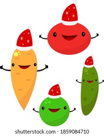 Cartoon characters vegetables in Santa hats on a white background concept of winter holidays and food