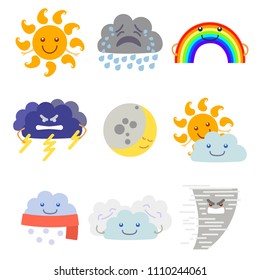 Cartoon Characters Weather Forecast Set Include of Cloud, Rain, Sun, Rainbow, Wind and Moon Flat Design Style. Vector illustration