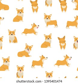 Cartoon Characters Welsh Corgi Seamless Pattern Background on a White Domestic Pets Concept Element Flat Design Style. Vector illustration