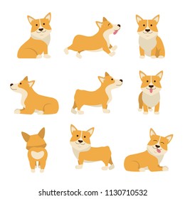 Cartoon Characters Welsh Corgi Set Domestic Pets Concept Element Flat Design Style. Vector illustration