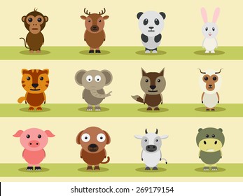 Cartoon characters of wild and pet animals like monkey, reindeer, panda, rabbit, tiger, elephant etc.