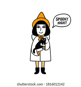 Cartoon characters: Witch with a black cat in her arms. Spooky night. Beautiful print for Halloween. Graphic vector illustration.