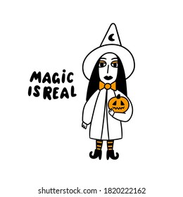 Personajes de dibujos animados: Bruja con calabaza en los brazos. Inscripción: La magia es real. Hermosa huella para Halloween. Ilustración vectorial gráfica.