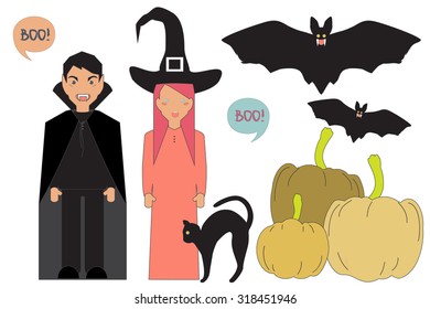 Cartoon Characters. Witch, Vampire, Bats, Pumpkin. Vector Illustration of Happy Halloween.