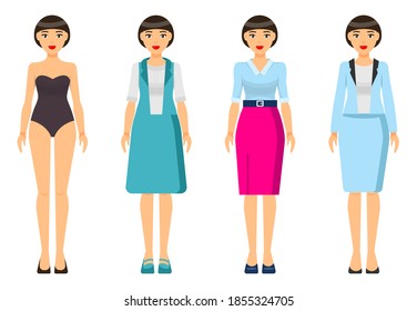 Cartoon characters. Woman brunette with short haircut wearing different clothes. Girl in underwear. Businesslady wear business and home dress, skirt and blouse, office suit with jacket. Set of clothes