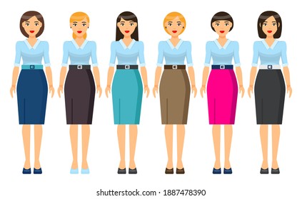 Cartoon characters. Woman brunette with short haircut wearing different clothes. Girl in business look. Businesslady wear business dress, skirt and blouse, office suit with jacket. Set of clothes