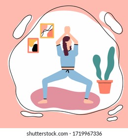 Cartoon characters women doing yoga in the home and social distancing during epidemic of corona virus, Is at home to protect ourselves from viruses.