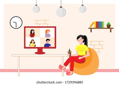 Cartoon Characters Work At Home.Group Video Chat.Stay At Home.Orange Sofa ,Cactus In A Small Pot,Wall Clock.Social Distance During Corona Virus Quarantine.Cocoa Smoothie.Vector Illustration.