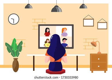 Los personajes de dibujos animados trabajan en casa.Charla de vídeo grupal.Vista trasera.Quédate en casa.Reloj de pared,Ordenador,marco de imagen,Plantas potentes.Distancia social durante la cuarentena del virus de la corona.Quédate en casa.Ilustración vectorial.