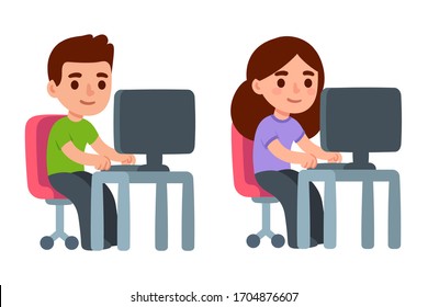 Cartoon characters working on computer at office desk. Cute guy and girl, students or employees. Simple flat style vector illlustration.