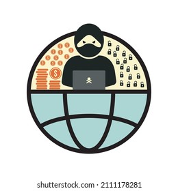 Cartoon characters of world class hackers hacking and stealing money