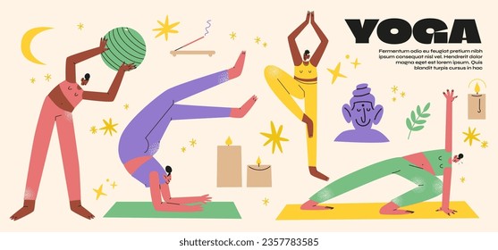 Cartoon characters yoga girls. Healthy lifestyle, sports, meditation and practice. Vector collection of vintage activity mascots