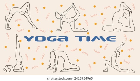 Cartoon characters yoga girls. Healthy lifestyle, sports, meditation and practice. Vector collection of vintage activity mascots