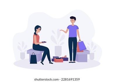 Cartoon characters of young couple shopping together. People making purchases from sale. Cheerful couple hanging out together. Modern shoppers lifestyle. Vector