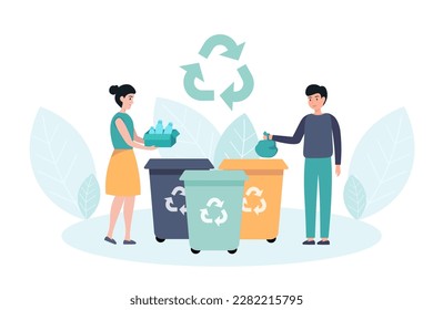 Personajes de caricatura de una pareja joven clasificando la basura en contenedores de reciclaje. Solución ecológica ambiental para salvar la naturaleza. Cuidar de la naturaleza. Vector