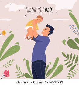 Cartoon Characters Young Father Holding His Child In Hands With Nature Background. Man Holding Up Baby In Air. Thank You Dad Greeting Card. Happy Father's Day Concept. Flat Vector Illustration