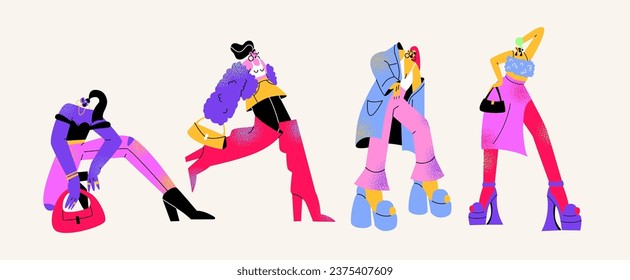 Cartoon characters of young girls in stylish fashionable suits. Retro party 90s, Female hippie groovy glamourous characters