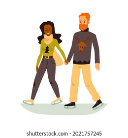 Cartoon characters of young loving couple skating, flat vector illustration isolated on white background. Young active people on winter holidays visiting ice rink.