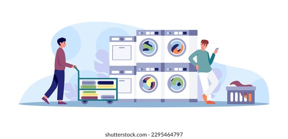 Cartoon characters of young men engaged in doing laundry. Concept of washing and dry cleaning. Home appliances, housekeeping and chores. Idea of laundromat. Vector