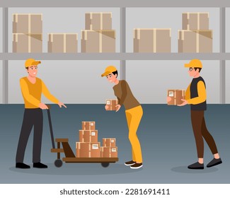 Cartoon characters of young men working in delivery service. Process of sorting parcels in warehouse. xpress and safe delivery. Modern shipment services. Vector