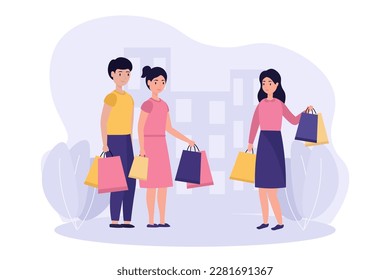 Cartoon characters of young people holding shopping bags. Friends meeting after shopping. Idea of buying goods from sale. Modern urban lifestyle. Vector