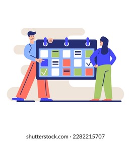 Cartoon characters of young people managing their time at work. Two colleagues managing schedule together. Successful cooperation with colleagues. Vector
