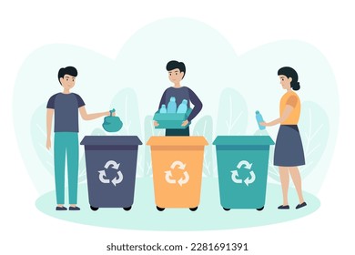 Personajes de caricatura de jóvenes arrojando basura a los contenedores de reciclaje. Práctica de protección ambiental. Voluntario cuidando de la naturaleza. No hay basura ni sobreconsumo. Vector