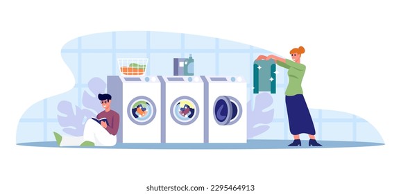 Personajes de dibujos animados de jóvenes que utilizan servicios de lavandería. Proceso de lavado y limpieza en seco. Uso de electrodomésticos. La limpieza y las tareas domésticas. Vector