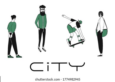 Cartoon characters of young people in various lifestyle, standing in casual dresses. Flat design, isolated on white. Business woman, hipster, skater, girl.The concept of people in a big city.