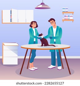 Cartoon characters of young veterinarians examining cat in recovery collar. Two doctors taking care of kitty in veterinary clinic. Healthcare services for domestic animals after rehabilitation. Vector