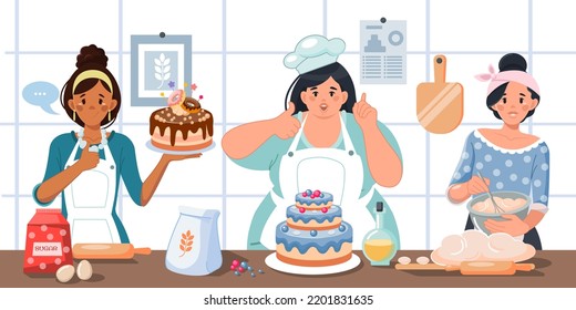 Cartoon characters-women cook from dough, bake birthday cakes and sweet desserts. An online course or a live webinar with a professional pastry chef. Vector illustration of a culinary master class