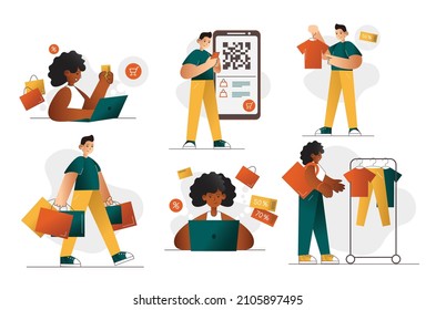 Cartoon charactes with shopping bags. Happy people buys clotches. Vector eps10 template. Set of illustartions of online shopping. Modern vector. Women and men