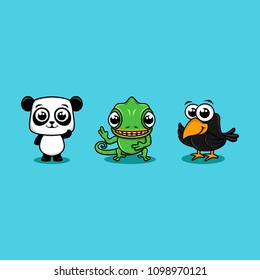 Cartoon charakter panda, chameleon, and crow vector