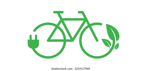 Cartoon charging point cable battery station for an electric ebike e bike. Bicycle, charge, plug and bio, eco green power. Vector sport symbol or logo. cyclist riding. City e-bike, in location. svg
