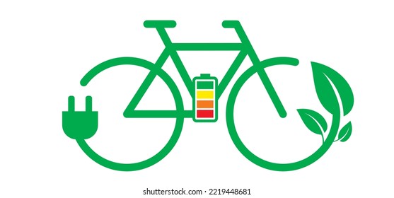 Cartoon charging point cable battery station for an electric ebike e bike. Bicycle, charge, plug and bio, eco green power. Vector sport symbol or logo. cyclist riding. City e-bike, in location. svg