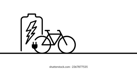 Cartoon charging point cable battery station for an electric ebike e bike. Bicycle, charge, plug and bio, eco green power. Vector sport symbol or logo. cyclist riding. City e-bike, in location.