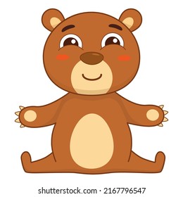 Cartoon charming bear sits and waits for a hug. Kids vector illustration
